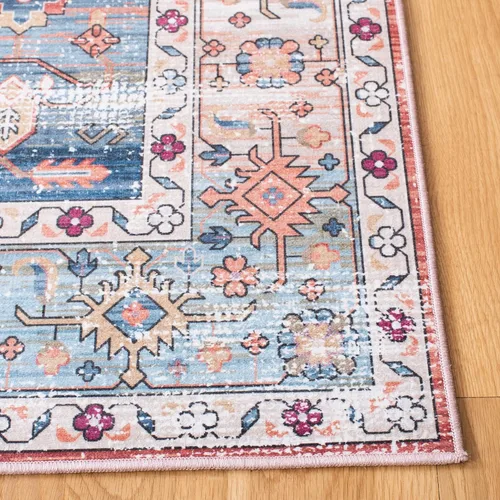 Miniatura 4 de SAFAVIEH Alfombra lavable Tucson Collection - 2 pies 6 pulgadas x 4 pies, beige y azul, antideslizante, ideal para zonas de alto tráfico en entrada