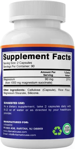 Miniatura 8 de Vitamatic Succinato de magnesio 1000 mg por porción (proporciona 90 mg de magnesio elemental) - 180 cápsulas - Forma altamente biodisponible - Apoya