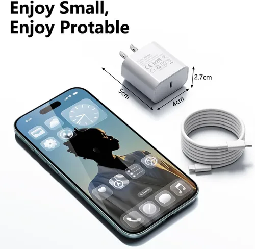 Miniatura 4 de Paquete de 3 cargadores tipo C con cable de 1.8 m de carga rápida para iPhone 17/16/15, bloques de carga USB C de 25 W súper rápidos para Samsung