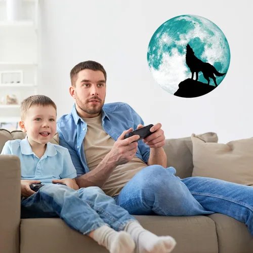 Miniatura 7 de Calcomanía creativa de pared de luna luminosa, diseño de lobo que brilla en la oscuridad, adhesivo de pared de PVC extraíble impermeable