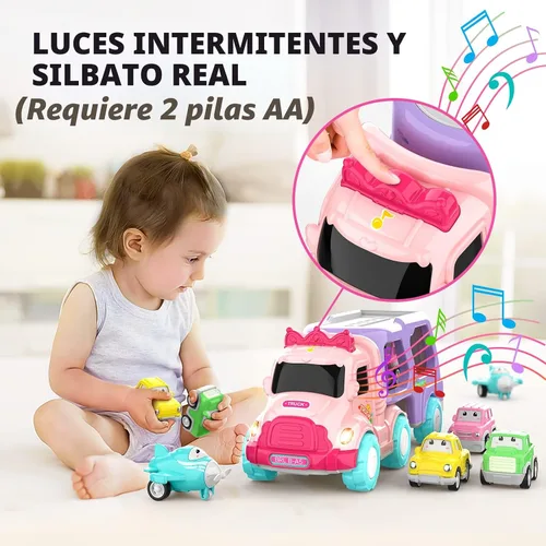 Miniatura 2 de LASCOTON - Juguetes para niñas de 1, 2 y 3 años, camión transportador 5 en 1 para niñas pequeñas, autos de juguete alimentados por fricción