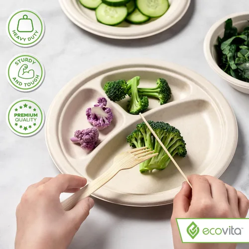 Miniatura 4 de Ecovita Platos de papel 100 % compostables [9 pulgadas] Compartimentos – 150 platos desechables ecológicos, resistentes, libres de árboles, líquidos