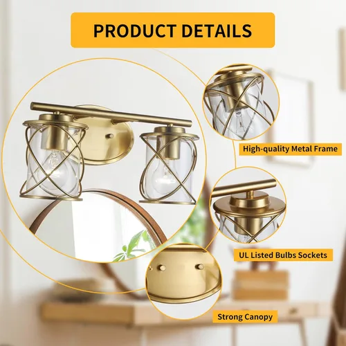 Miniatura 5 de mavcadonf Luces de Tocador de Baño de 2 Luces, Lámparas de Baño sobre el Espejo, Luz de Tocador Dorado Cepillado, Luces de Pared de Estilo Rústico