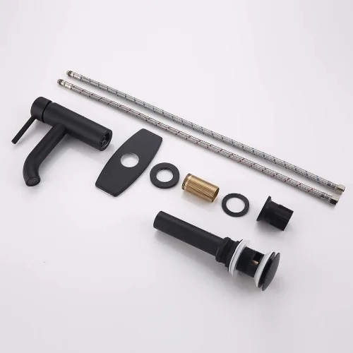 Miniatura 6 de Grifo de baño de una sola manija negro con conjunto de desagüe de metal y escudo, negro mate (negro mate-JO1)