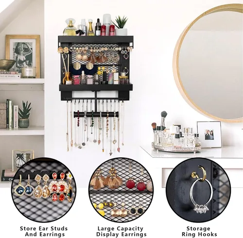 Miniatura 2 de Pinzoveco Organizador de joyas colgante montado en la pared con soporte organizador de joyas de pared para collares, pulsera, aretes, anillo (negro)