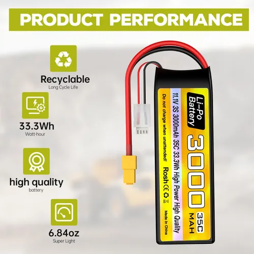 Miniatura 4 de 3S Lipo Batería 11.1 V 3000 mAh 35C con enchufe XT60 con cable de carga USB para RC Car Truck RC Barco Quadcopter FPV Drone