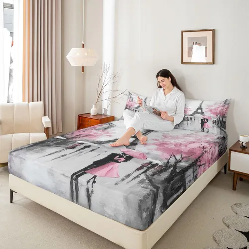 Miniatura 7 de Juego de sábanas decorativo de París con Torre Eiffel francesa, juego de 4 piezas para cama King, juego de sábanas de acuarela de cerezas