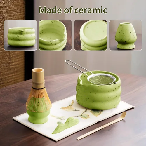 Miniatura 3 de cjc Juego de 7 piezas de batidores, juego de batidor de matcha, cuenco de cerámica con boquilla, batidor de bambú, ceremonia japonesa, regalo