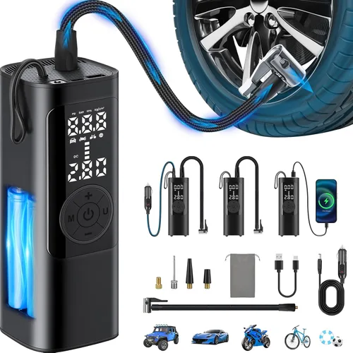 FamilyKit Compresor de aire portátil para inflador de neumáticos, bomba de aire inalámbrica de 6000 mAh, 150 PSI, inflado rápido 24L/min, 4 modos