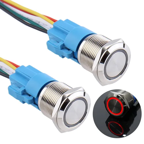 Miniatura 9 de 2 interruptores de botón de bloqueo de 0.630 in 12V-24V 1NO 1NC impermeable IP66 botón de metal autobloqueante para orificio de montaje de 5/8