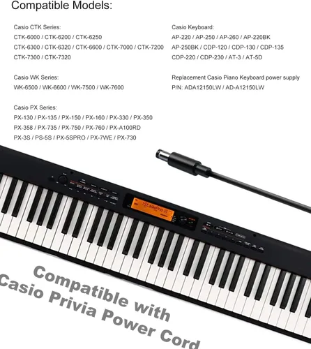 Miniatura 3 de Adaptador de corriente alterna Casio Privia de 12V 2A para cable de alimentación Casio Privia, compatible con teclado de piano digital Casio