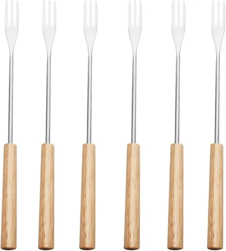 Juego de 6 tenedores para fondue de acero inoxidable con asas de madera de 10.23 pulgadas de largo, tenedores de chocolate y queso para fiestas en