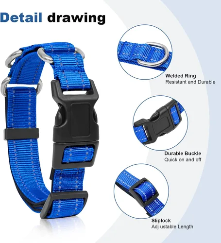Miniatura 5 de Collares de perro reflectantes de martingala. Collar de perro con hebilla de liberación rápida. Collar de mascota de nylon ajustable, suave, Azul