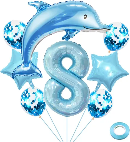 Miniatura 10 de Globos de cumpleaños de 5º delfín, globo gigante de papel de aluminio de delfín número 5, globos de Mylar de animales del océano para suministros