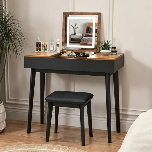 Tocador Pequeño, Tocador Compacto para Niñas con Taburete y Toma de Corriente, Escritorio de Maquillaje con Espejo y Luz LED, Mesa de Tocador
