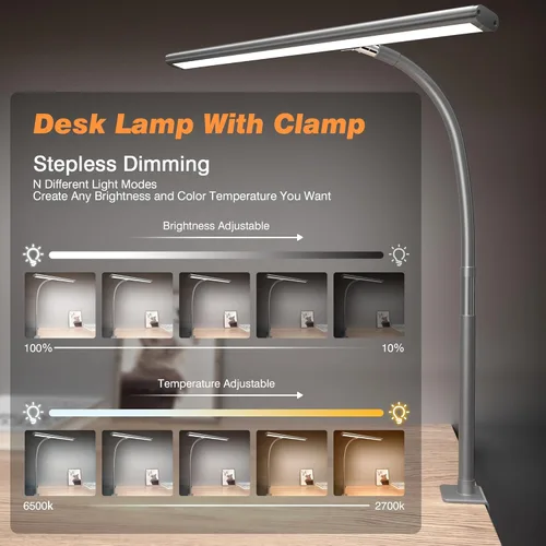 Miniatura 2 de Airlonv Lámpara de escritorio LED para oficina y hogar, luz de escritorio que cuida los ojos con atenuación continua, cuello de cisne flexible Gris