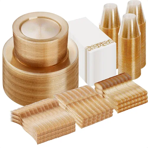 Miniatura 10 de Goodluck 700 platos de plástico dorado transparente para 100 invitados