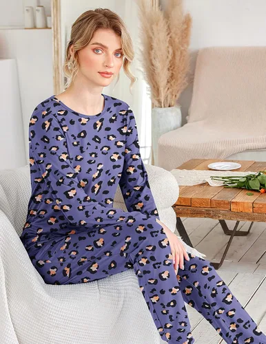 Miniatura 165 de Ekouaer Conjunto de pijama de manga larga para mujer, ropa de dormir suave con cuello redondo y bolsillos