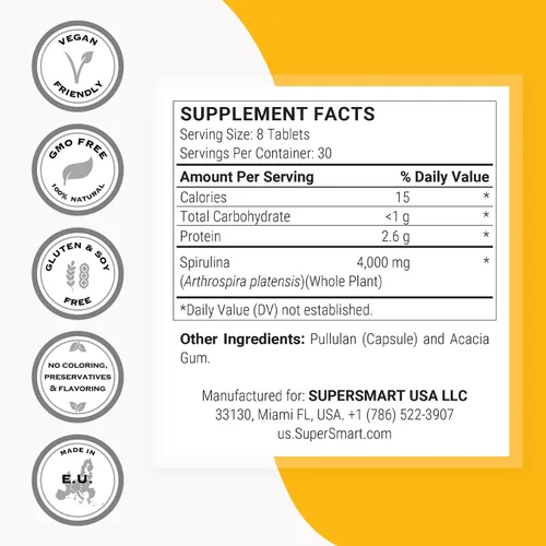 Miniatura 4 de Supersmart - Espirulina 4000 mg por día (fácil de tomar) - Algas verdes azules - Superalimento vegano natural Sin OMG y sin gluten - 240 tabletas
