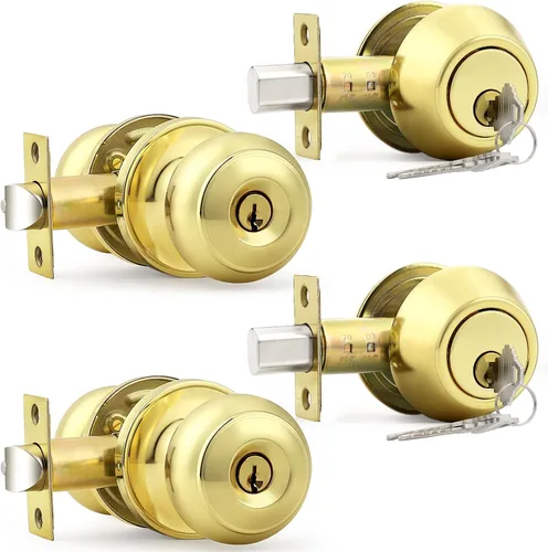 Miniatura 26 de Probrico Juego de cerradura de perilla de puerta de entrada y cerrojo de doble cilindro, negro plano (paquete de 3) con llave igual