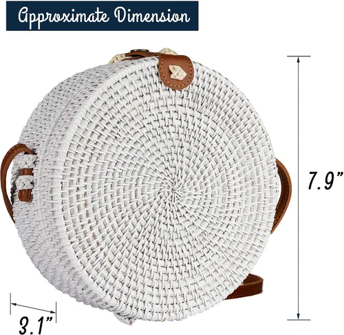 Miniatura 3 de Natural Neo - Bolsa tejida a mano de mimbre redonda y elegante con correas de cuero natural