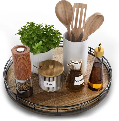 Miniatura 12 de Bandeja giratoria de tocador de Acacia de 9" para baño, organizador redondo de encimera de baño estilo granja para jabón y perfume, organizador