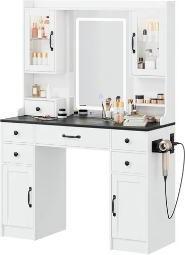 Miniatura 14 de KAMABOKO Escritorio de tocador con luz y espejo, mesa de maquillaje blanca con cajones y estación de carga, 3 modos ajustables para dormitorio y 042