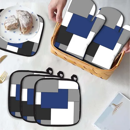 Miniatura 3 de MCALK Juego de 5 guantes de horno y soportes para ollas color azul marino, guantes de horno negros y almohadillas calientes para cocina de cocina