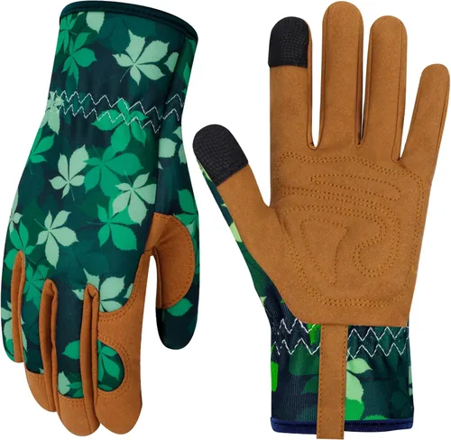 Guantes de Jardinería de Cuero MERTURN para Mujeres, Guantes de Jardín a Prueba de Espinas, Guantes de Trabajo Compatibles con Pantalla Táctil, Hojas