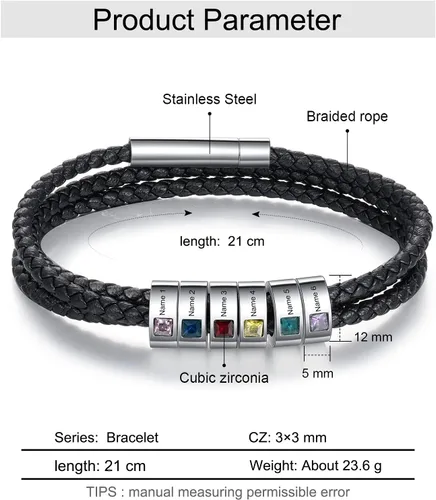 Miniatura 29 de Pulsera personalizada para el Día del Padre para hombre, pulseras personalizadas de cuero trenzado negro con cuentas grabadas de 1 a 8 nombres