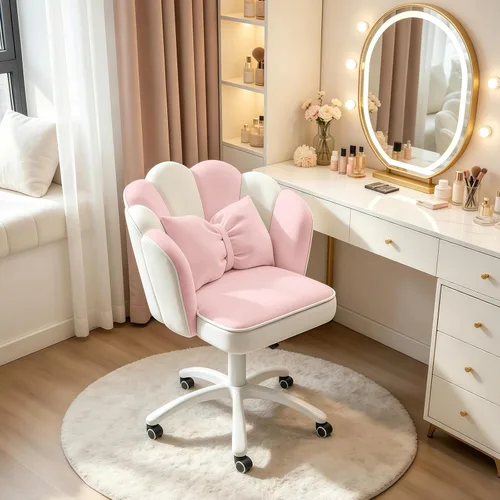 Miniatura 8 de Silla de escritorio Petal con cojín de lazo, silla de tocador de terciopelo con ruedas, silla de oficina tapizada para niñas y mujeres, sillas