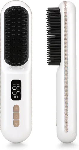 Miniatura 12 de Cepillo alisador de cabello, mini cepillo alisador inalámbrico portátil para viajes, iones negativos con peine caliente con 9 temperaturas