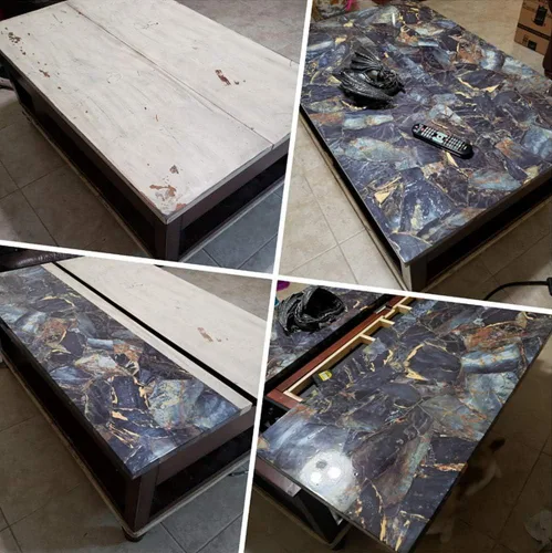 Miniatura 4 de REDODECO Papel adhesivo de mármol de piedra azul, papel adhesivo de granito brillante, envoltura de vinilo para encimera de cocina, papel
