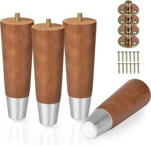 Ilyapa Patas de madera para muebles, base plateada, juego de 4 patas de repuesto cónicas marrones de 6 pulgadas para sofás, sillas, sofás biplaza y