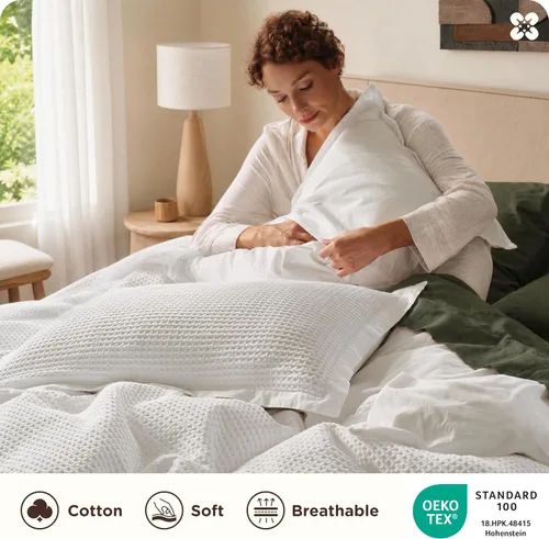 Miniatura 3 de Bedsure - Juego de funda de edredón de algodón tamaño queen, 100% algodón con tejido en rombos color blanco coco, funda de edredón tamaño queen