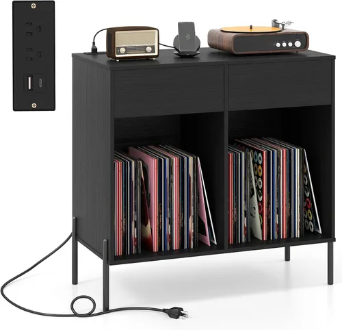 Miniatura 9 de Giantex Soporte grande para tocadiscos con estación de carga, soporte giratorio de madera de mediados de siglo con 2 cajones de almacenamiento