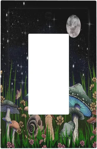 Miniatura 2 de Placa decorativa de pared con diseño de hongos, plantas, hojas, caracoles, luna, luz de luna, bosque de 1 banda, placa de pared decorativa GFCI