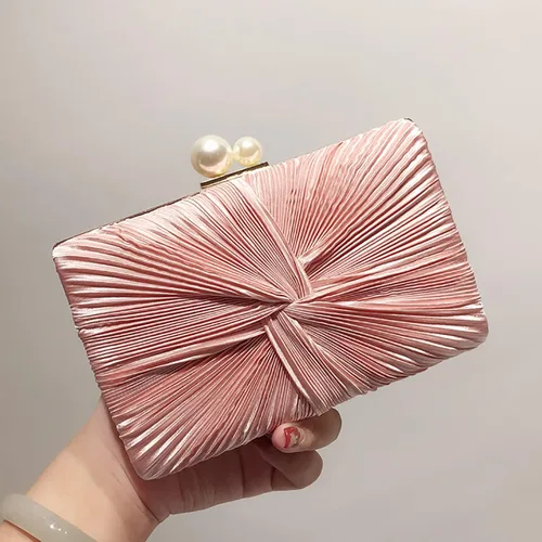 Miniatura 4 de RAN Bolso de satén con cierre de perlas sintéticas, bolso de banquete para mujer con cadena cruzada (color rosa)