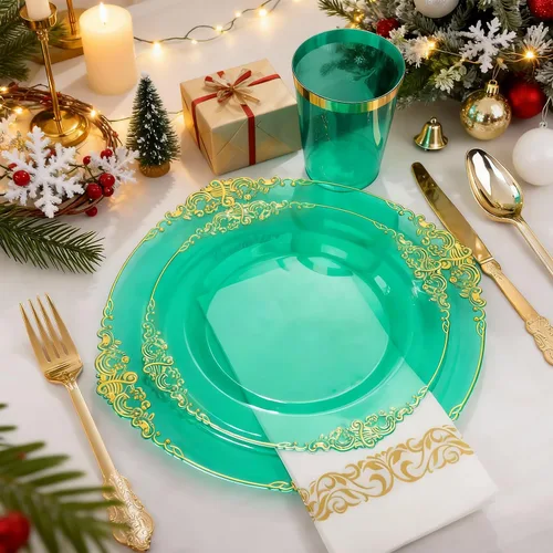 Miniatura 3 de Hioasis 175 platos de plástico verde transparente, elegante juego de vajilla desechable adecuado para 25 invitados, incluye platos de cena de 10.25
