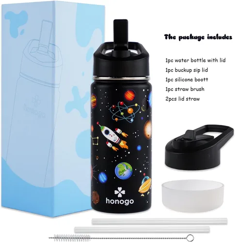 Miniatura 6 de Botella de agua para niños con aislamiento de acero inoxidable de 16 onzas, a prueba de fugas, termo de metal con tapa con pajilla, bonito vaso