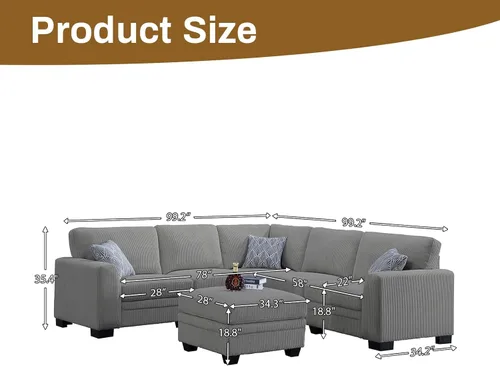 Miniatura 2 de Legend Vansen Sofá Seccional Modular de Gran Tamaño, Sofá en Forma de U de 6 Asientos con Otomana, Sofá de Pana con Asiento Profundo, Sofás Gris