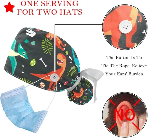 Miniatura 3 de DEYYA 2 gorras Bouffant con bolsa de cola de caballo de algodón, gorro de trabajo ajustable, gorra quirúrgica de dinosaurio, camuflaje verde