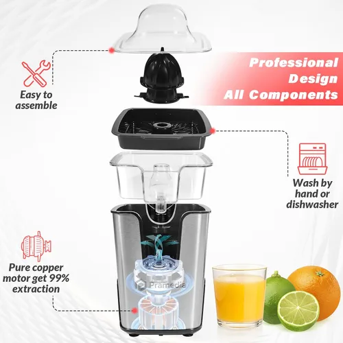Miniatura 5 de Exprimidor eléctrico de cítricos de acero inoxidable – Exprimidor de naranja de 40 W con boquilla antigoteo ajustable, 2 conos para limón, lima