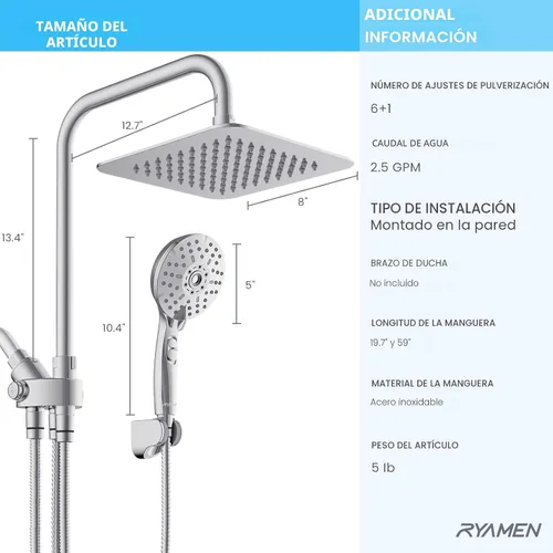 Miniatura 7 de Ryamen Combo de cabezal de ducha doble, cabezal de ducha de lluvia de alta presión de 8 pulgadas con rociador de mano, cabezal de ducha de mano de 6