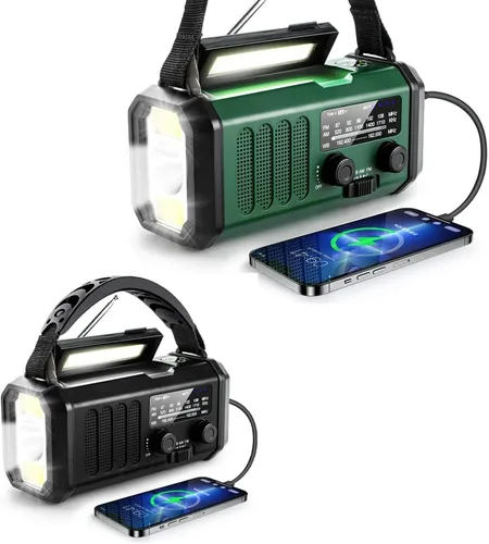 Radio de emergencia con manivela de 10000 mAh, radio meteorológica NOAA con radio AM/FM y solar, batería recargable, linterna y luz de lectura,