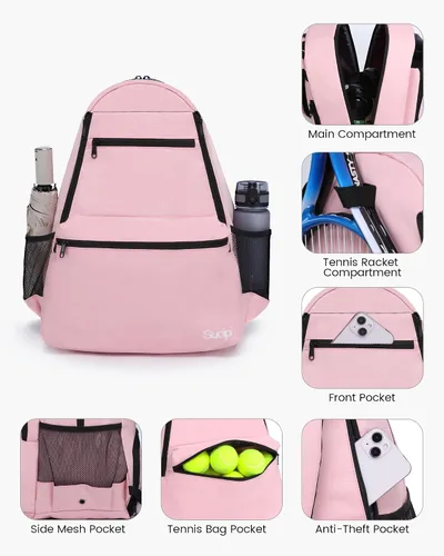 Miniatura 3 de Sucipi Bolsa de Tenis Profesional Mochila de Tenis para Hombres y Mujeres Bolsas de Raqueta con Capacidad para 2 Raquetas con Compartimento Rosa