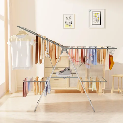 Miniatura 9 de Estante de Secado de Ropa Bigzzia Plegable, Estante de Secado de Ropa de 2 Niveles Grande para Lavandería Plegable, Estante de Secado de Acero Gris