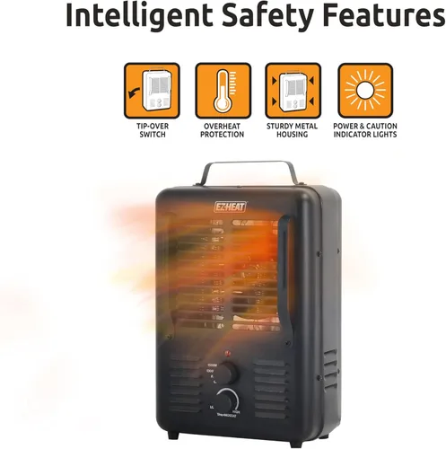 Miniatura 3 de EZ-HEAT Calentador de espacio utilitario portátil de 1,500 vatios estilo casa de ordeño con termostato ajustable, protección contra Negro mate