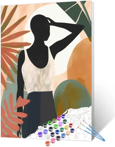 Miniatura 18 de Pintura de niña afro a la moda, kits de pintura por números, 16 x 20 pulgadas, lienzo de hojas tropicales, pintura al óleo para niños y adultos