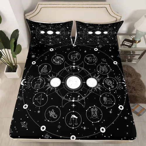 Miniatura 28 de Erosebridal Sábanas de cama de polilla de la muerte, sábana bajera ajustable de calavera gótica, tamaño individual, sábanas florales de flores